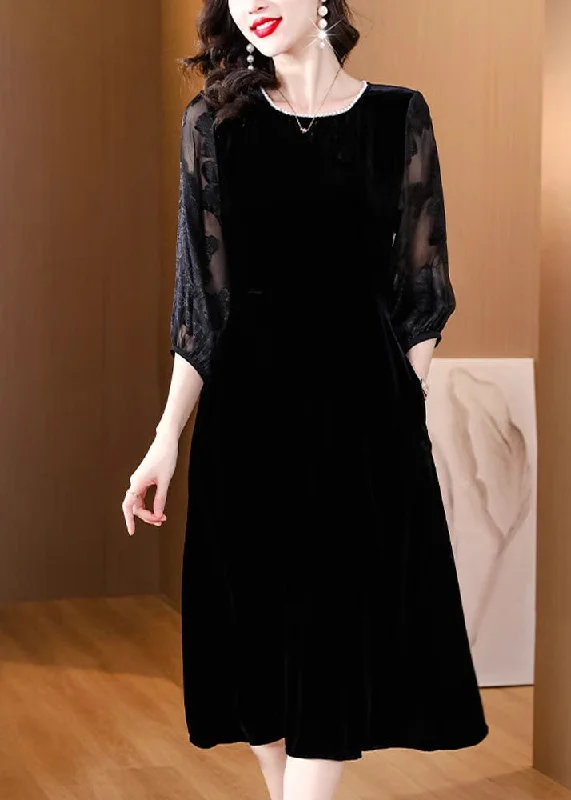 elegant shift dressPlus Size Black O-Neck Embroidered Tulle Patchwork Silk Maxi Dresses Fall