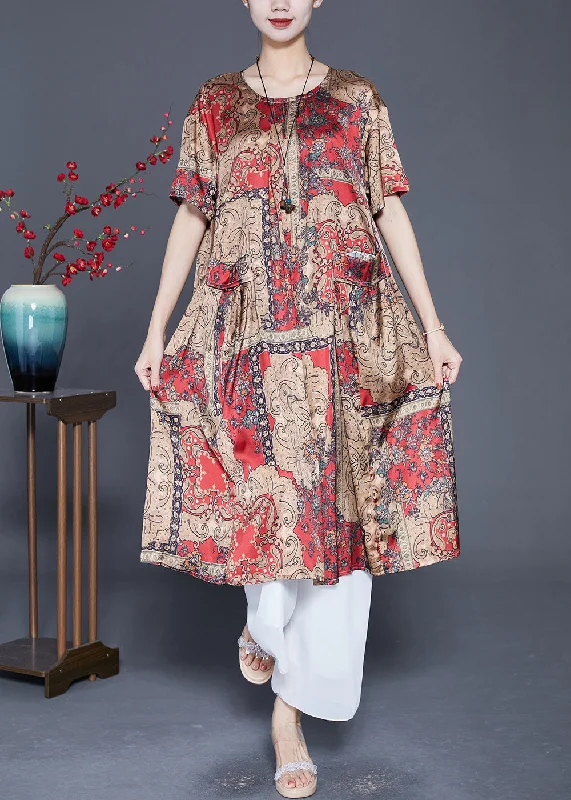 modern dressCoffee Print Silk Long Dresses Oversized Draping Summer