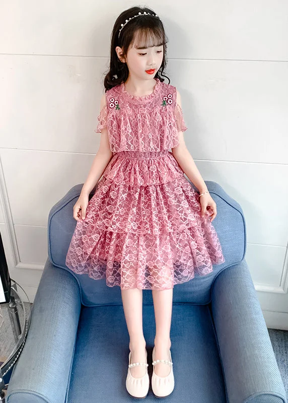 casual slip dressNovelty Pink O-Neck Ruffled Patchwork Floral Girls Long Dresses Short Sleeve