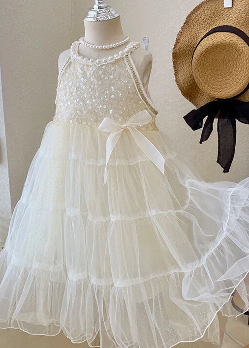 trendy dressLovely Beige Sequins Nail Bead Wrinkled Patchwork Tulle Baby Girls Princess Dress Summer