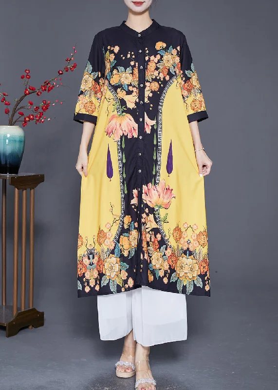 casual dressStylish Yellow Print Stand Collar Silk Shirt Dresses Summer